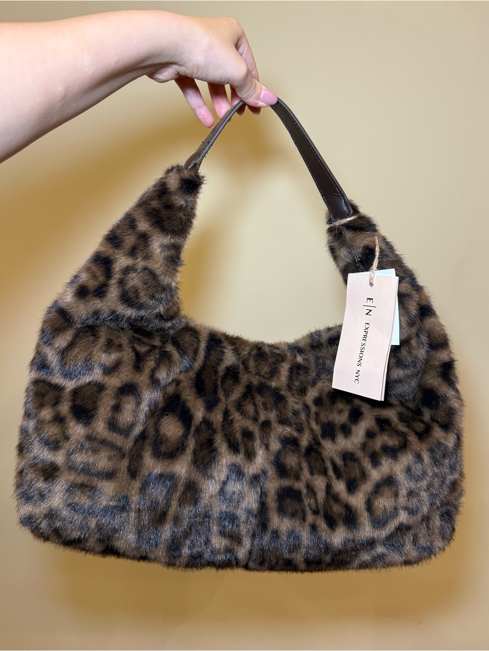 NWT Expressions NYC Cheetah Leopard Brown Faux Fur Hobo Tote Shoulder Bag